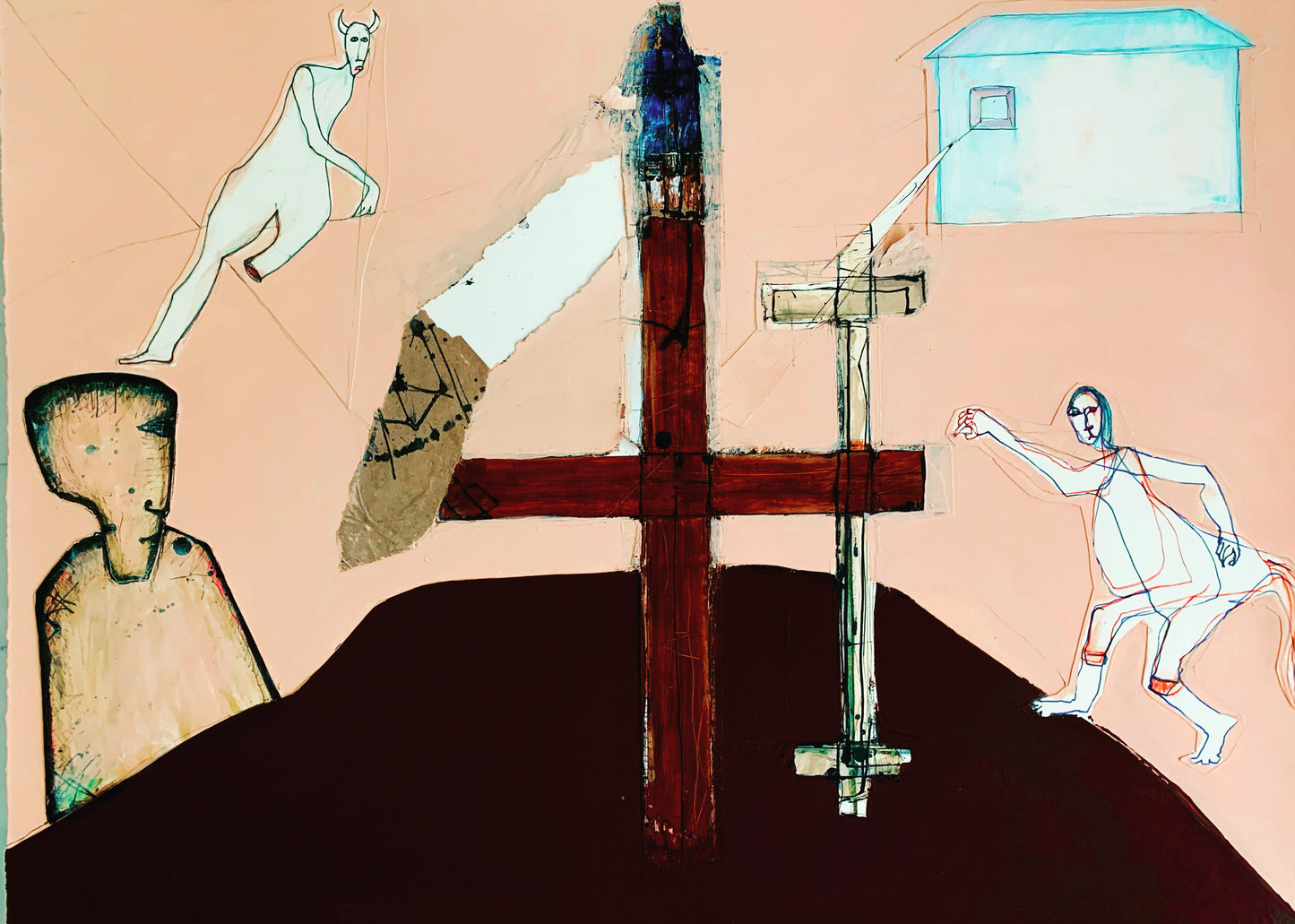 Three figures, house, crosses and mountain