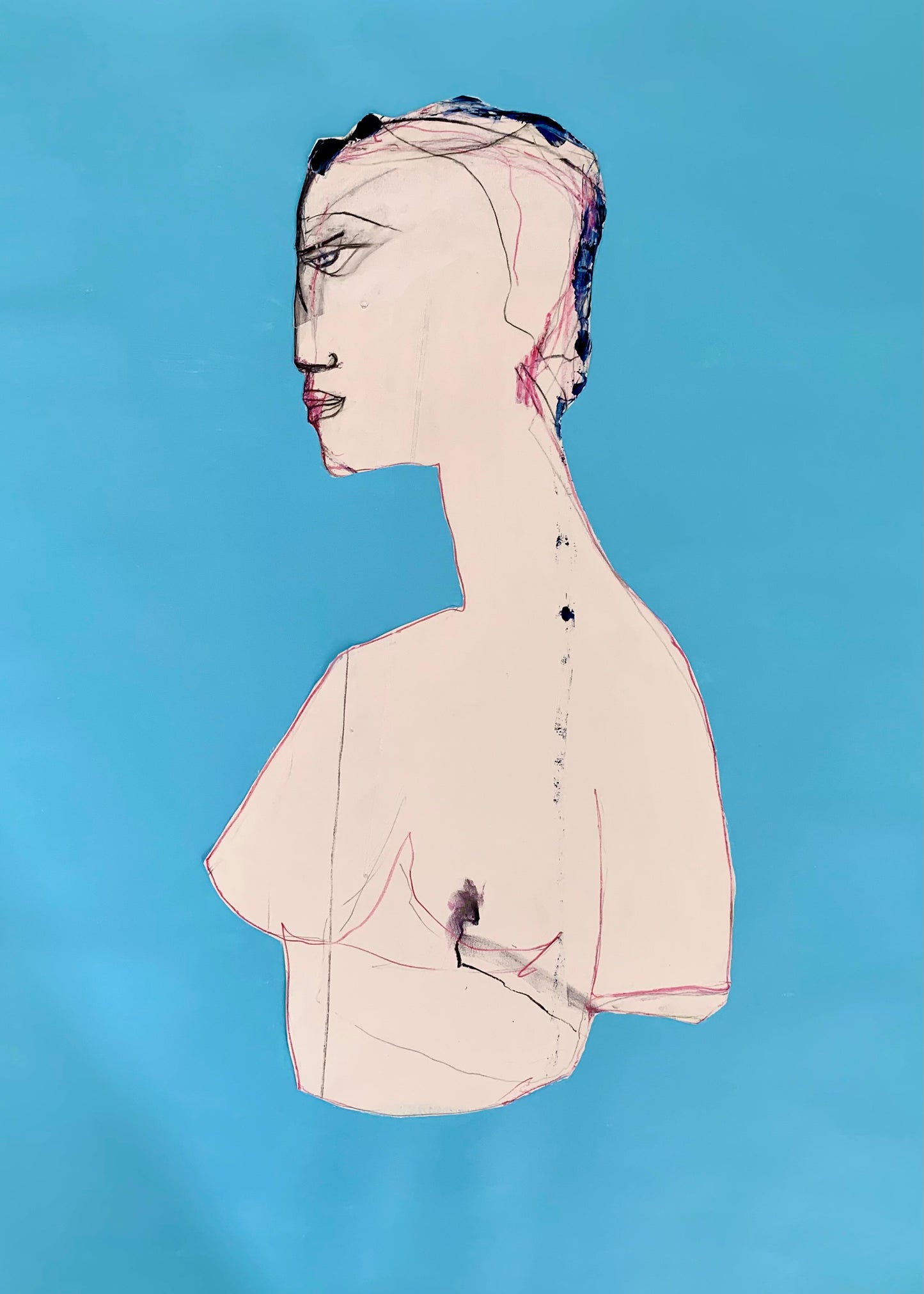 Figure with blue, pink and black hair